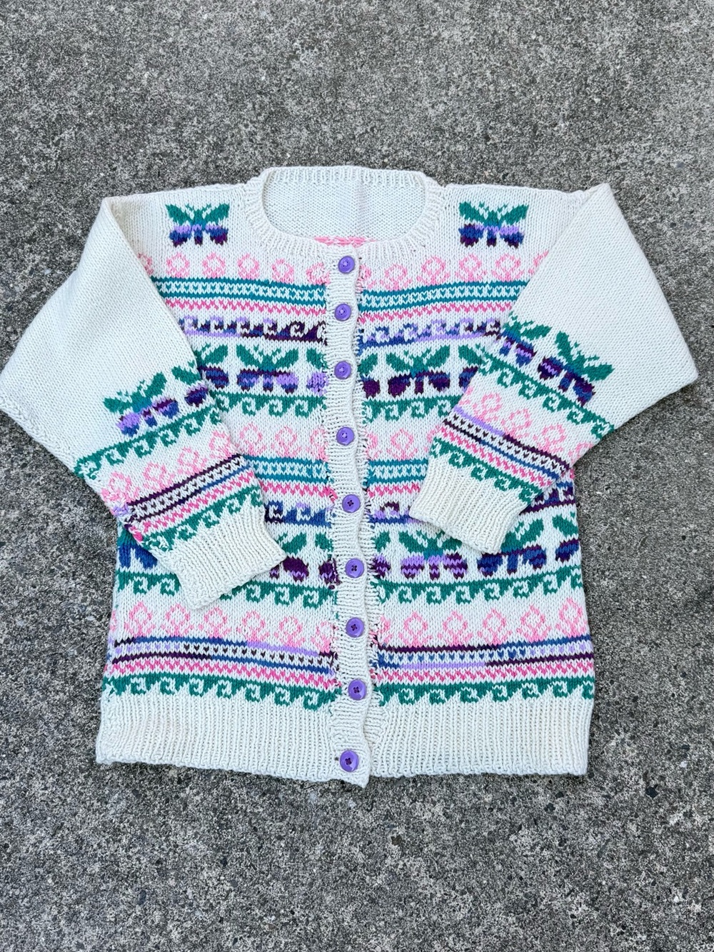 Handmade Fair Isle Butterfly Cardigan Sweater Cottagecore Whimsical Knit Size M